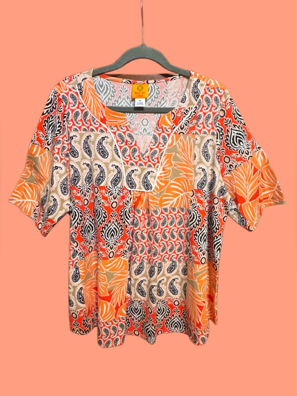Ruby Rd. NWT Orange Paisley Patchwork Short Sleeve Top size 1X